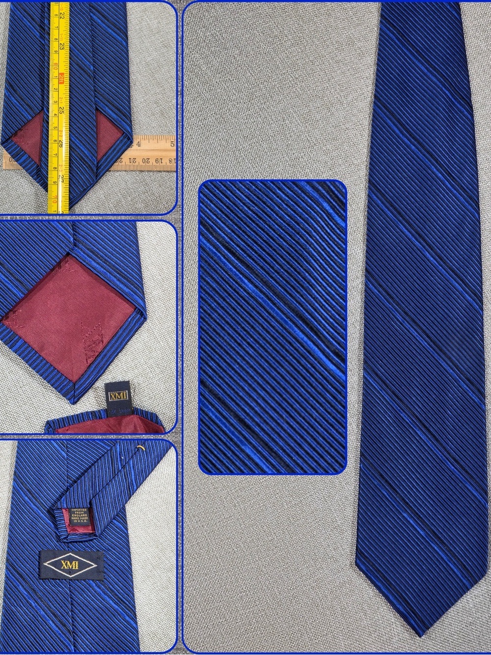 XMI Royal Blue English Silk Tie Hand Made USA Textured Wide Tie - Picture 7 of 7